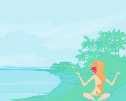Girl in Yoga pose on Summer background with palm tree