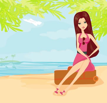 beauty travel girl with baggage on the beach