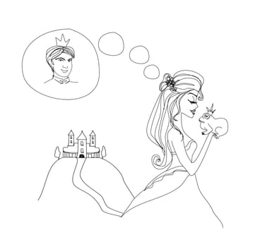 Beautiful young princess kissing a big frog doodle illustration