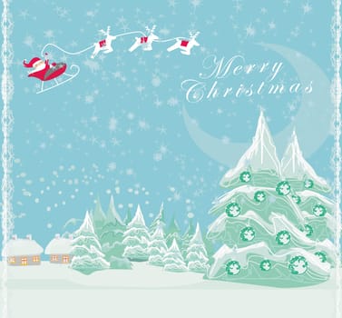 Happy New year card with Santa Claus and winter landscape
