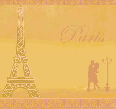 Romantic couple silhouette in Paris kissing near the Eiffel Tower Retro card