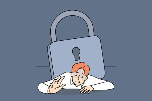 Unhappy businessman under heavy padlock suffer from bankruptcy during lockdown. Stressed man employee pressed by lock burden. Debt and financial crisis. Vector illustration.