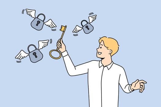 Smiling businessman hold key unlock padlocks solving business problem. Happy male employee find solution to trouble. Achievement and success. Vector illustration.