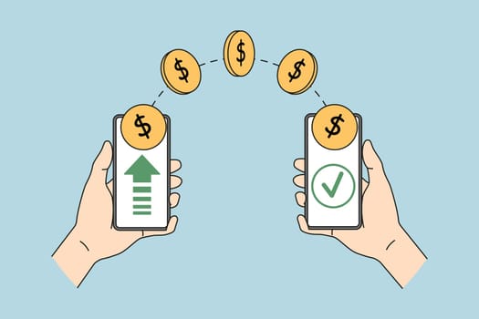 People sending money online via easy banking on cellphones. Finance transfer using smartphone application. Mobile wireless payment on cellular. Virtual wallet. Vector illustration.