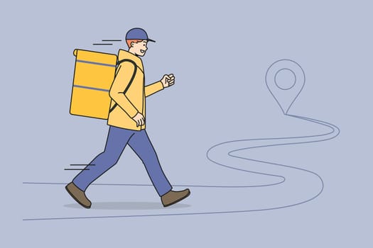 Smiling young courier guy with box deliver dinner or lunch to client. Happy deliveryman in hurry delivering order to customer. Fast express delivery service concept. Vector illustration.