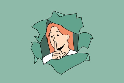 Young woman look through paper hole keep finger at lips ask for silence. Girl beg for being quiet and silent. Keep secret and not talk much. Censorship concept. Vector illustration.