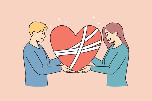 Happy man and woman hold in hands fixed broken heart with bandages on surface. Concept of couple counseling and marriage save session. Love and forgiveness. Vector illustration.