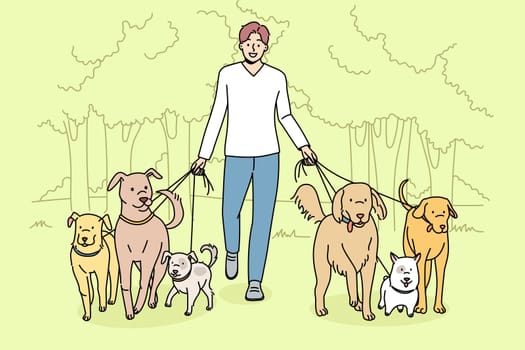 Smiling man walking dogs on leashes in park. Happy male walker provide professional pet walk service. Domestic animals care concept. Flat vector illustration.