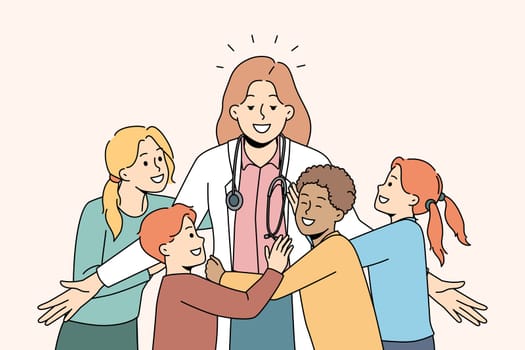 Happy little kids hugging smiling female doctor in clinic. Excited small children embrace pediatrician show love and care. Good medical service in hospital. Vector illustration.