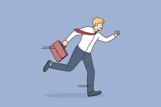 Anxious male employee running in hurry worried be late for work. Stressed businessman rushing for meeting or briefing. Meeting deadline and time management. Vector illustration.