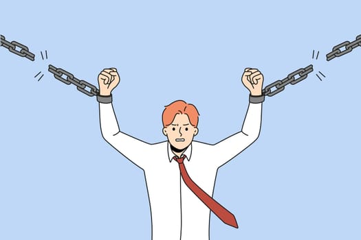 Motivated strong man break chains strive being free and independent. Powerful businessman reach independency and freedom. Self-employment concept. Vector illustration.