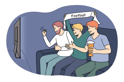 Overjoyed guys sit on coach drinking beer watching football on TV. Happy men enjoy sport game on television. Fan or supporters cheering favorite team. Vector illustration.