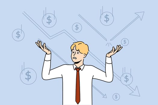 Unhappy businessman feel frustrated with stock market crisis losing money. Distressed man employee confused with financial depression and bankruptcy. Flat vector illustration.