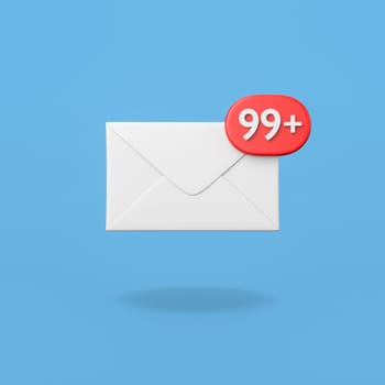 White Closed Paper Mail Envelope with Ninety Nine Number Red Notification on Flat Blue Background with Shadow 3D Illustration, Front View