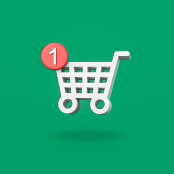 Shopping Cart Shape with One Red Notification on Flat Green Background with Shadow 3D Illustration