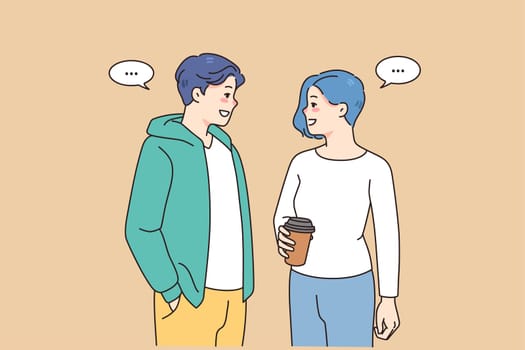 Stylish teenage couple enjoy date out communicating and laughing. Trendy subculture man and woman talk and chat chilling together. Relationship and diversity. Vector illustration.