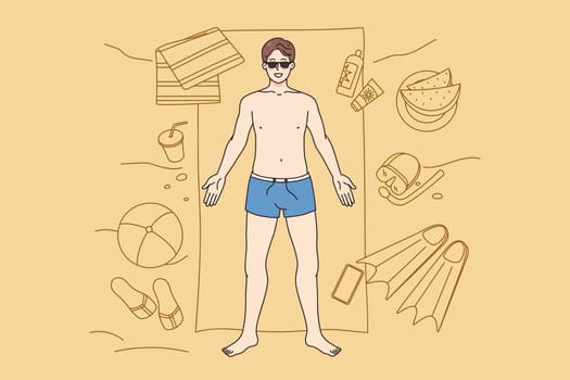 Top view of happy young man in swimwear lying on towel on beach enjoying summer vacations. Smiling guy relax on seaside during summertime holidays. Travel and tourism. Vector illustration.