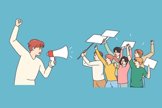 Male leader with megaphone head demonstration with diverse people holding banners and posters. Activists on strike or riot protest against discrimination, vote for freedom. Vector illustration.