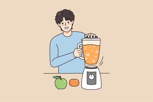 Smiling young man make fresh fruit juice in blender at home. Happy guy drink homemade smoothie follow healthy lifestyle. Diet and nutrition. Vector illustration.