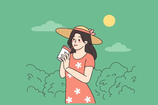 Happy young woman enjoy summer drink cold refreshing drink walking in park. Smiling girl in summertime wear having hydrating cooling juice or cocktail. Refreshment. Vector illustration.