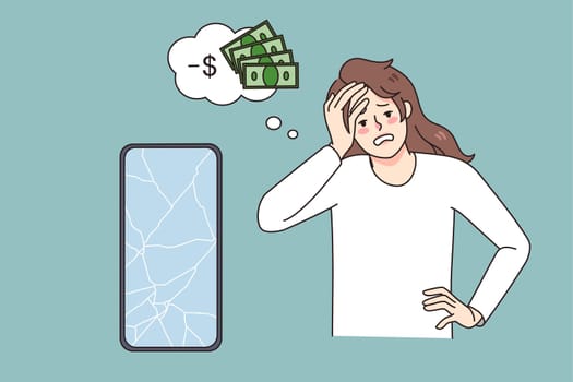 Distressed young woman frustrated with broken smartphone and extra expenses on repair service. Unhappy girl stressed with cellphone screen crash and fixing price. Vector illustration.