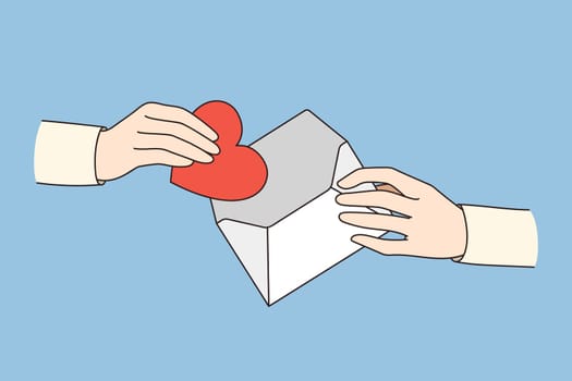 People keep paper heart in envelope share love and care. Hand take out heart symbol from letter, get valentine postcard. Support and charity concept. Vector illustration.
