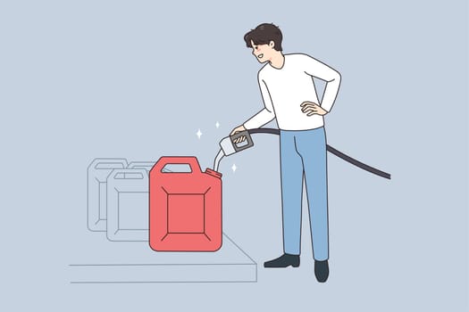 Male driver with pistol hoard petrol in can at gas station. Smiling man buy petroleum collect liquid in canister. Flat vector illustration, cartoon character.
