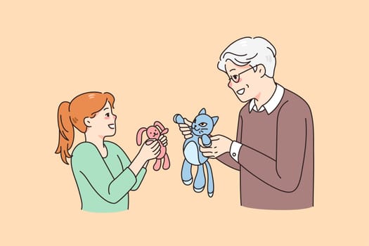 Happy mature grandfather play dolls with smiling little granddaughter. Smiling loving grandpa have fun enjoy toy game with excited small grandchild. Young and old generation. Vector illustration.
