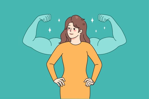 Confident young woman in dress with muscular arms behind her demonstrate female power. Happy successful self-made lady show strength and leadership. Independence. Vector illustration.