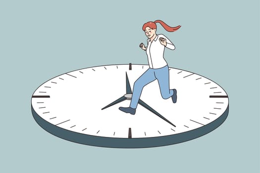 Worried young woman running on clock surface meeting deadline. Anxious girl feel in hurry worry be late for work. Life fast pace and speedy lifetime concept. Vector illustration.