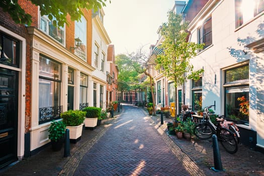 HAARLEM, NETHERLANDS - MAY 6, 2017: Street with old houses in Haarlem, Netherlands