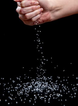 Nib sugar Dropping from Female Hand with black background.