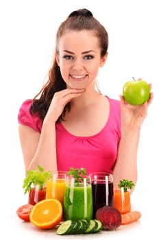 Young woman with variety of vegetable and fruit juices. Detox diet.
