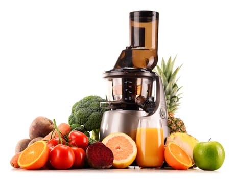Slow juicer with organic fruits and vegetables isolated on white. Detox diet