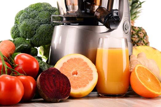 Slow juicer with organic fruits and vegetables isolated on white. Detox diet