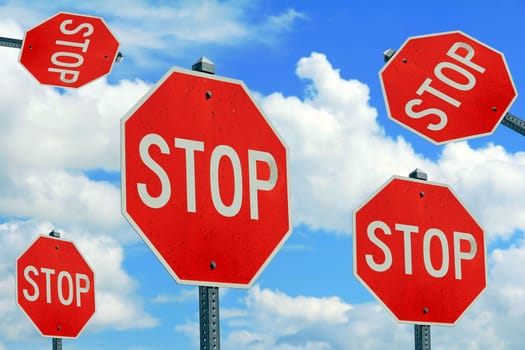 Red stop signs in front of blue sky. Red Stop Sign. Traffic sign
