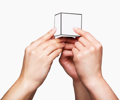 Hands holding white cube on white background