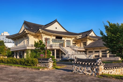 Traditional korean architecture old yellow building or temple in South Korea city