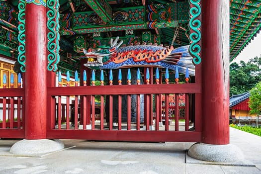 Monastery buddhist monk bell with traditional decoration pattern dragon in pavilion in South Korea