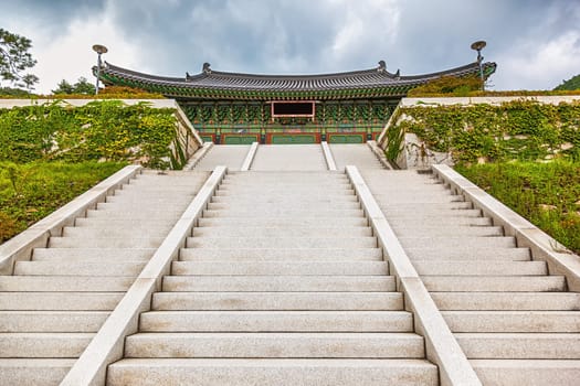 Traditional korean architecture old building palace or monks temple with stairs in South Korea at autumn