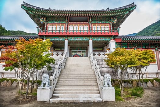 Traditional korean architecture old building palace or monks temple with stairs in South Korea at autumn