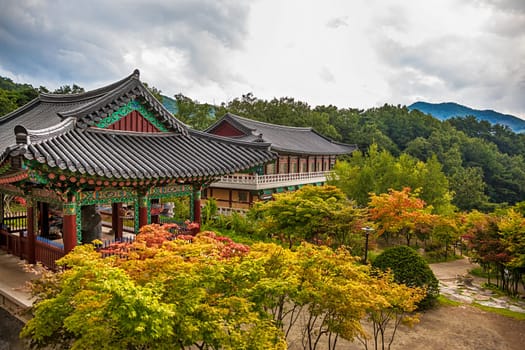 Traditional asian buddhist monks temple in mountains in South Korea at autumn