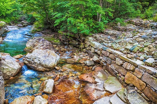 River with rocks and stones in mountain forest in South Korea