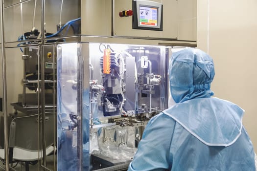 Operator work and fill substance in package on infusion pharmaceutical industry or chemical plant