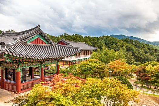 Traditional asian buddhist monks temple in mountains in South Korea at autumn