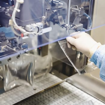 Operator work and fill substance in package on infusion pharmaceutical industry or chemical plant