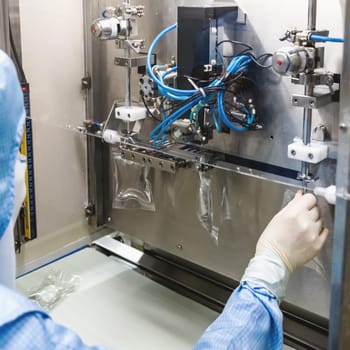 Operator work and fill substance in package on infusion pharmaceutical industry or chemical plant