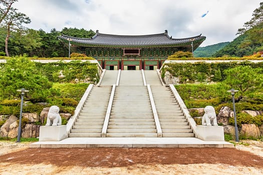 Traditional korean architecture old building palace or monks temple with stairs in South Korea at autumn
