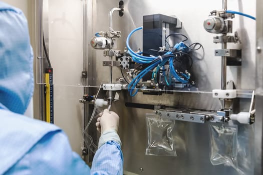 Operator work and fill substance in package on infusion pharmaceutical industry or chemical plant