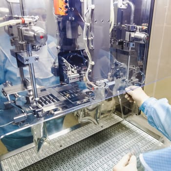 Operator work and fill substance in package on infusion pharmaceutical industry or chemical plant